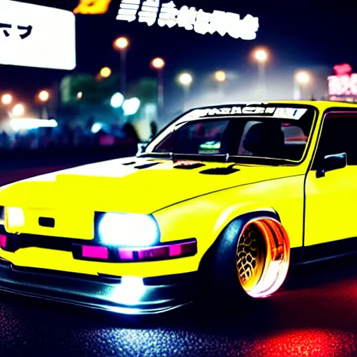 Image similar to a car s30 turbo drift at illegal car meet, Shibuya prefecture, city midnight mist lights, cinematic lighting, photorealistic, highly detailed wheels, high detail