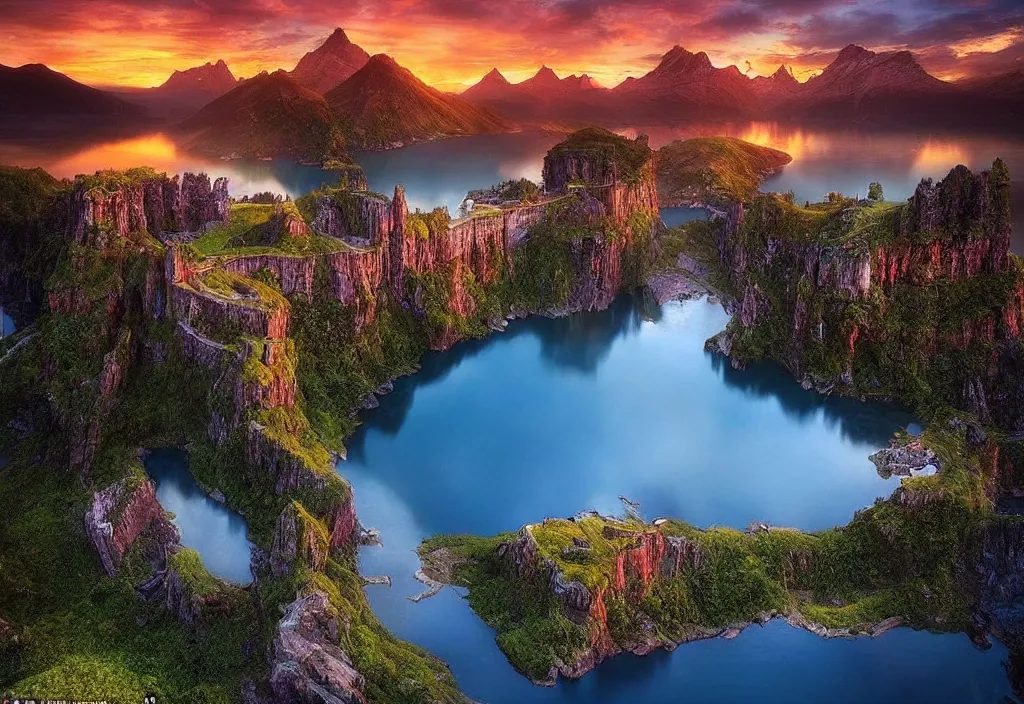 Image similar to amazing photo of a fairy castle with a lake in sunset by marc adamus, beautiful dramatic lighting