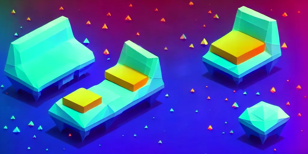 Prompt: isometric object is a low poly isometric sofa with an alien aesthetic inspired by pandora in the avatar movie, it has bioluminescent plants growing around it, cartoonish style but with beautiful orange - yellow with blue hints and it's bedecked with some sparkling crystals. a dark place, night isometric ambient black background neon. behance, pinterest artstation
