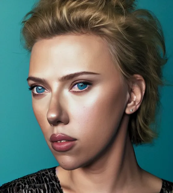 Image similar to portrait photo of Scarlett Johansson:: symmetric face, symmetric eyes, slight smile, photo by Annie Leibovitz, 85mm, teal studio backdrop, Getty images