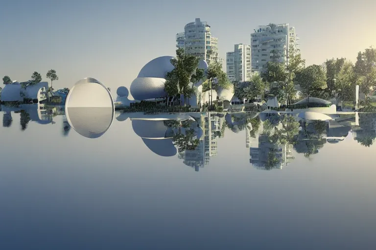 Image similar to 2 0 white round egg shaped buildings intersect and depend on each other to form a post - modern building, by pierre bernard, on the calm lake, people's perspective, future, interior wood, dusk, unreal engine highly rendered, global illumination, radial light, internal environment