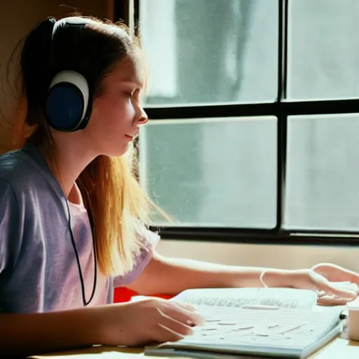 Prompt: girl wearing headphones sits at a desk in her bedroom studying 5 0 mm kodak, beautiful light thorough window in the style of lofi hiphop on youtube