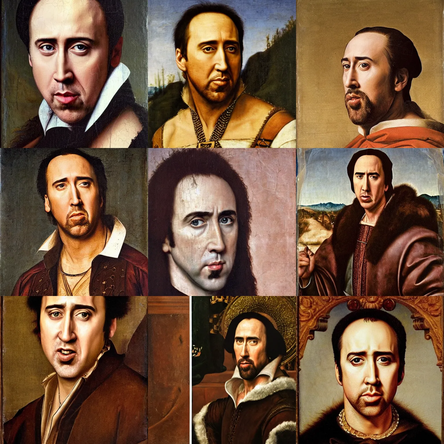 Prompt: a renaissance oil portrait of the extremely attractive nicholas cage with the craziest facial expression possible, highly detailed