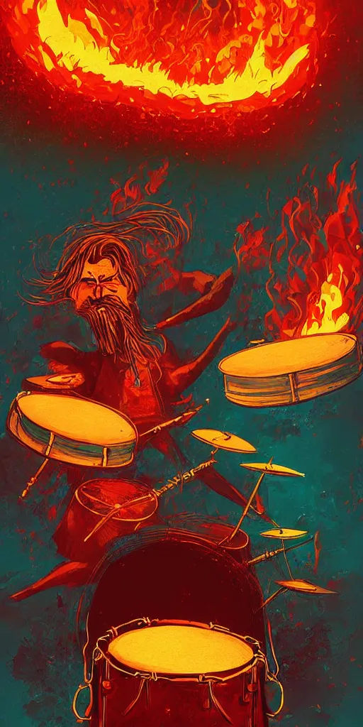 Image similar to Beautiful illustration depicted a heavy metal drummer playing on drums::lava and fire around::art by Petros Afshar and Robert Kirkman