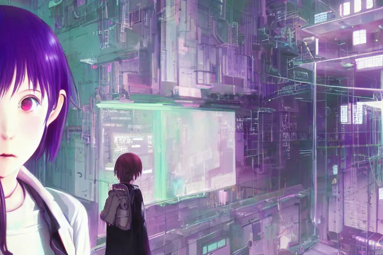 Prompt: serial experiments lain, teen girl, wired landscape, cyberpunk, volumetric lighting, photo realistic, digital art, anime background, violet colour palette, very detailed faces, art by range murata and yasuyuki ueda