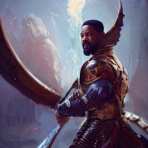 Prompt: will smith fights against demons dressed as a gladiator and with angel wings, cinematic lighting, highly detailed, concept art, art by wlop and artgerm and greg rutkowski, masterpiece, trending on artstation, 8 k