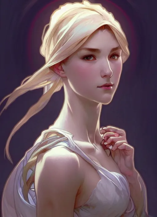 Image similar to digital character concept art by artgerm and greg rutkowski and alphonse mucha. clear portrait of a modern young wife blessed by god to uncontrollably grow overwhelmingly perfect!! blonde, in clothes! feminine well - formed holy body!! light effect. hyper detailed, glowing lights!! intricate, elegant, digital painting, artstation, smooth, sharp focus