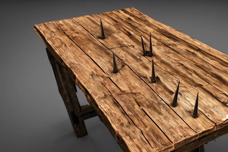 Image similar to a rustic rectangle wooden table with spikes sticking out of it. artstation highquality 4k