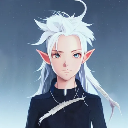 Prompt: an elf with white hair, blue eyes, wearing crow feathers. highly detailed, digital painting, artstation, matte, by makoto shinkai, animation style