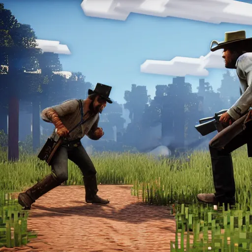 Image similar to steeve from minecraft killing arthur from red dead redemption 2 using nuke