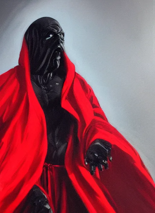 Prompt: an oil concept art painting of a dark figure wearing a red robe by noah bardley, detailed, digital art, trending on artstation, mysterious, dark atmosphere, cinematic lighting, cinematic