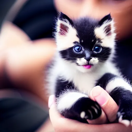 Prompt: cute kitten with panda body and cat face, in the hand of a human, highly detailed, sharp focus, photo taken by nikon, 4 k