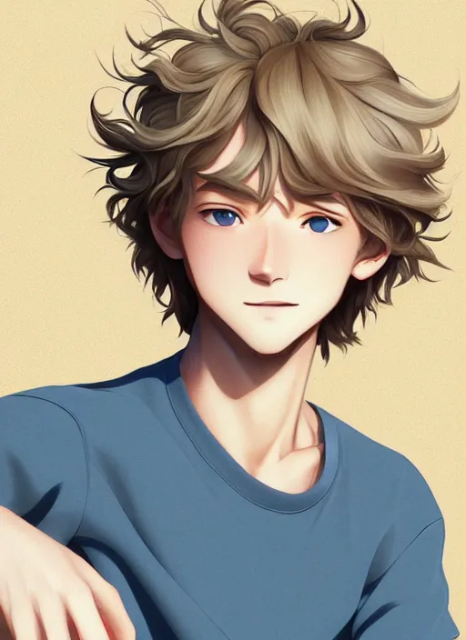 Image similar to young man with medium - length, curly, golden hair, perfectly proportioned face, aquamarine eyes, sweet smile, natural lighting, path traced, highly detailed, high quality, cartoon, digital painting, by new haicheng and studio ghibli