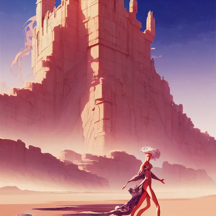 Prompt: style artgerm, joshua middleton, conrad roset, a giant brown stone castle in the desert, very long spires, sand swirling, detailed, ocean background setting, volumetric lighting