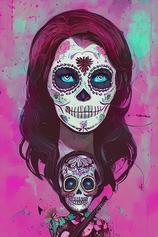 Prompt: Illustration of a sugar skull day of the dead girl, art by ismail inceoglu