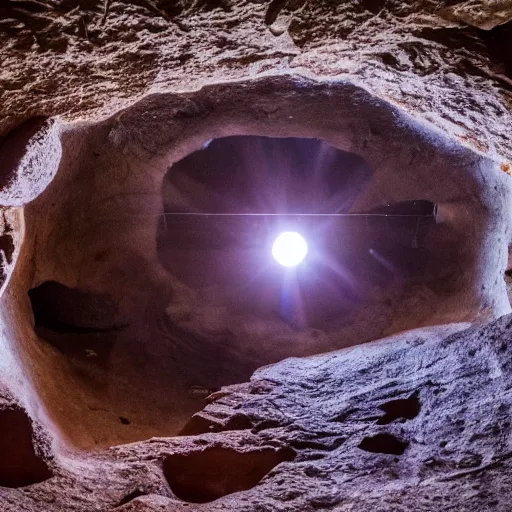 Prompt: a hole on ceiling cave, stars visible through hole