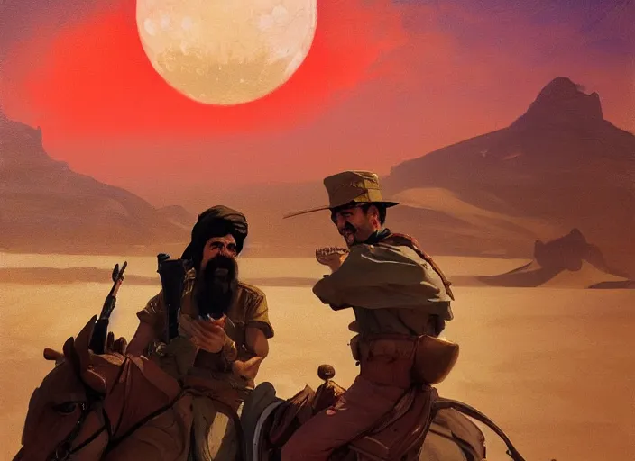 Image similar to portrait of saddam hussein, chilling desert landscape lit by blood moon, rule of thirds, painting by sargent and leyendecker, studio ghibli, fantasy, medium shot, asymmetrical, intricate, elegant, matte painting, hearthstone, crimson gradient, by greg rutkowski and greg tocchini and james gilleard and joe fenton and greg manchess