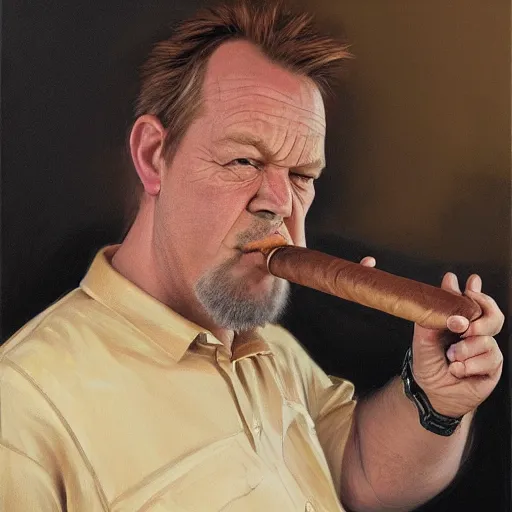 Image similar to barney from barney the dinosaur drinking whisky and smoking a cigar, portrait art by donato giancola and greg rutkowski, realistic face, digital art, trending on artstation