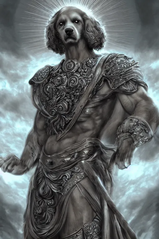 Prompt: Dog as a god with a radiant halo, detailed face, gorgeous, amazing, flowing hair, very muscular male body, partial anatomy, stormy background, caesar victorious, proud Emperor, crepuscular ray, intricate, highly detailed, 8K, digital painting, fantasy, artstation, concept art, sharp focus, over-shoulder shot, illustration, art by greg rutkowski beeple and alphonse mucha, laica chrose