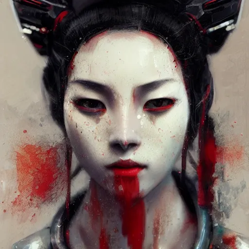 Image similar to portrait of a geisha robot by greg rutkowski and ruan jia, mecha, washed colors, dark, gloomy, matte painting, unreal engine 5