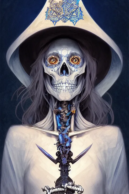 Prompt: Portrait of skeleton with a wizard hat on head, D&D, blue eyes, face, fantasy, intricate, elegant, highly detailed, digital painting, artstation, concept art, smooth, sharp focus, illustration, art by artgerm and greg rutkowski and alphonse mucha