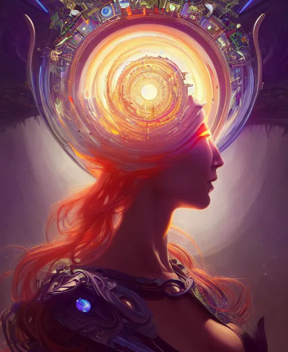 Image similar to a whirlwind of souls rushing inside the metaverse, half body, glowin eye, tiara with sapphire, pharaoh, android, cyborg, cyberpunk face, d & d, fantasy, intricate, elegant, highly detailed, colorful, vivid color, digital painting, artstation, concept art, art by artgerm and greg rutkowski and alphonse mucha and ruan jia