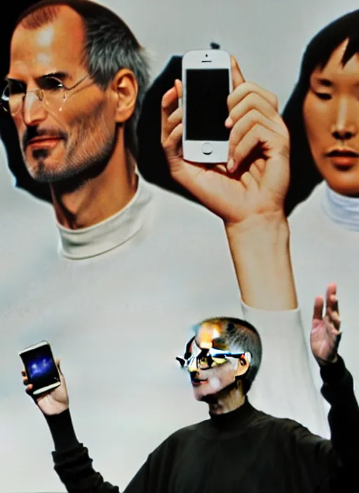 Image similar to steve jobs revealing the iphone at wwdc, manga 8 k, color, by katsuhiro otomo and hiroya oku and makoto yukimura