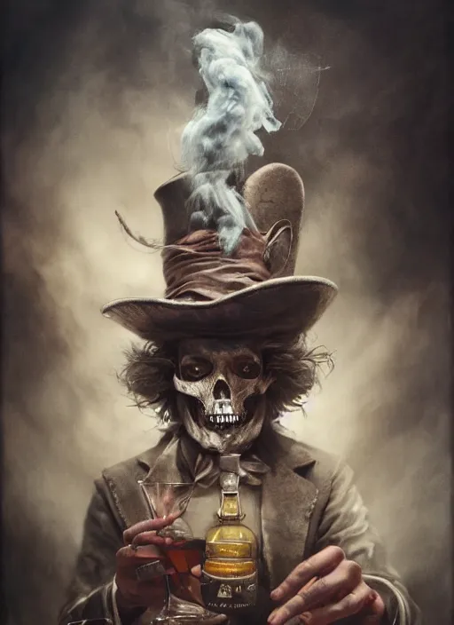 Image similar to Mad hatter big cloud of smoke, drinking whisky, death tarot card,highly detailed,half skull face,cinematic,8k,by Stanley Artgermm,Tom Bagshaw,Greg Rutkowski,Carne Griffiths, Ayami Kojima, Beksinski, Giger,trending on DeviantArt,hyper detailed,horror, full of colour