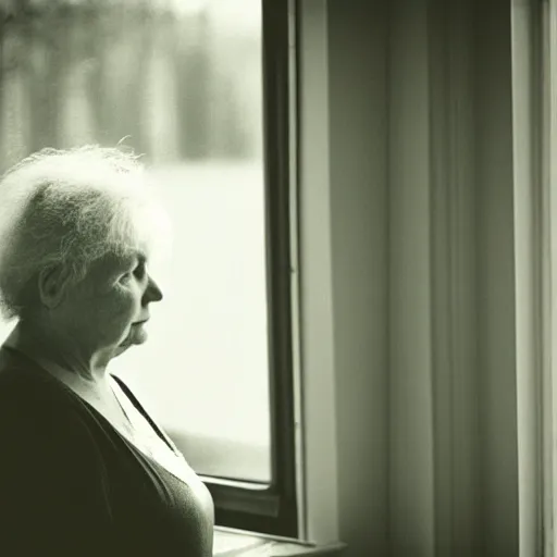 Image similar to black and white photograph portrait of a depressed mature woman standing by the window, natural light, lomo, film grain, soft vignette, sigma 85mm f/1.4 1/10 sec shutter