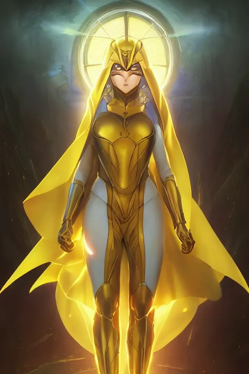 Image similar to anime key visual of a beautiful young female doctor fate!! intricate, cape, glowing, powers, dc comics, cinematic, stunning, highly detailed, digital painting, artstation, smooth, hard focus, illustration, art by artgerm and greg rutkowski and alphonse mucha