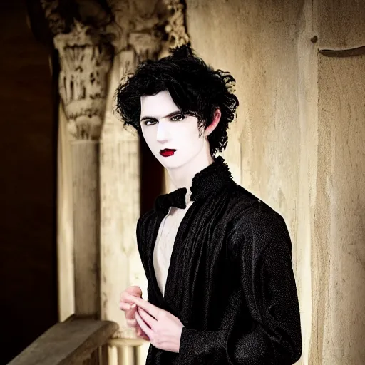 Prompt: a beautiful young male vampire, pale skin, totally black eyes, black veins, blond curly hairs.Elegant ancient dress. Front view.