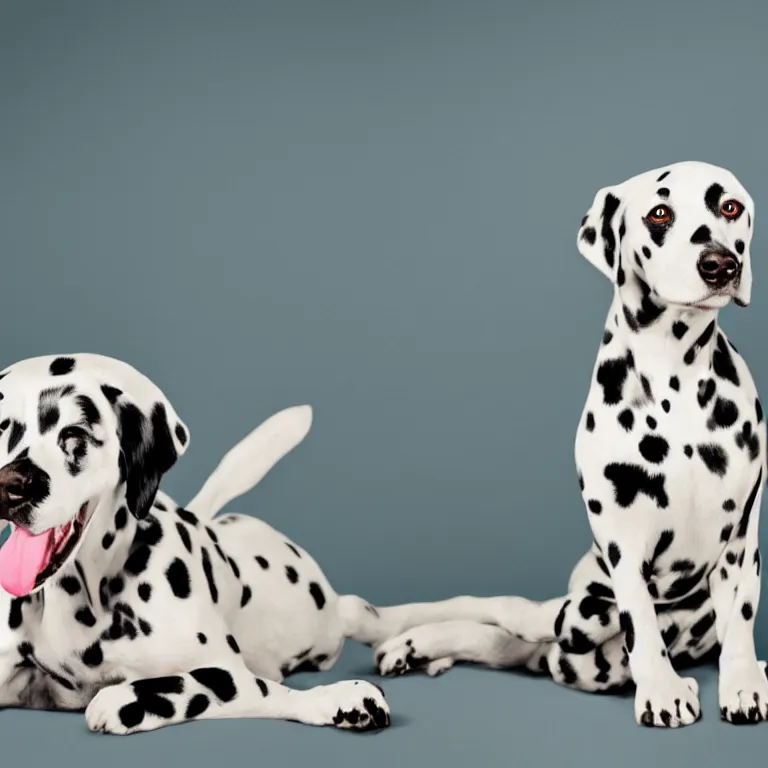 Image similar to vogue photoshoot octane render portrait of 1 0 1 dalmatian with white background, focus bright colorful pastel exotic vintage boutique hotel lounge, very short depth of field, bokeh