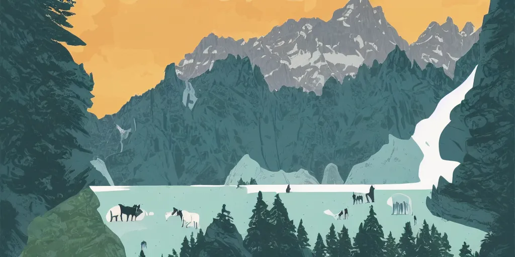 Prompt: beautiful idyllic poster illustration for a craggy ice glacier valley national park by ludwig hohlwein, ludwig hohlwein, graphic, behance, clean bold design