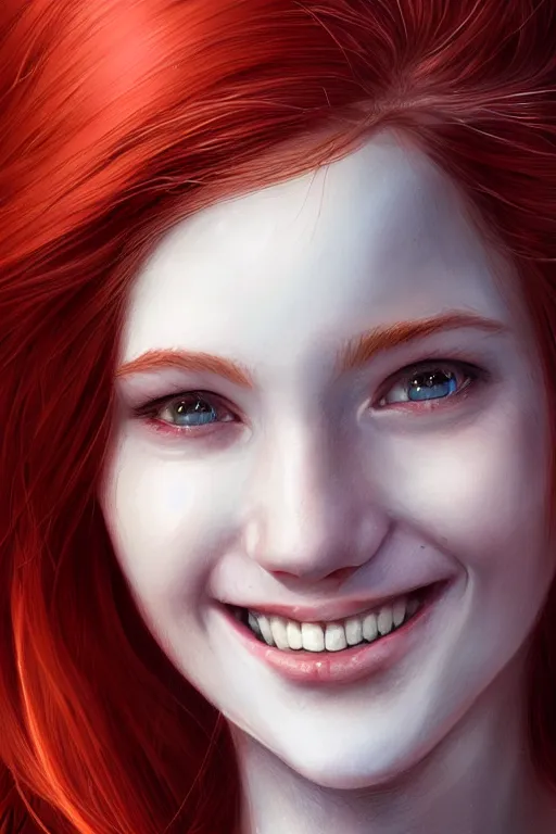 Prompt: ultra realistic style illustration of a cute red haired young woman smiling, 1 9 year old, headshot, sci - fi, fantasy, intricate, elegant, digital painting, artstation, concept art, smooth, sharp focus, illustration, 8 k frostbite 3 engine, ultra detailed, art by artgerm and greg rutkowski and magali villeneuve