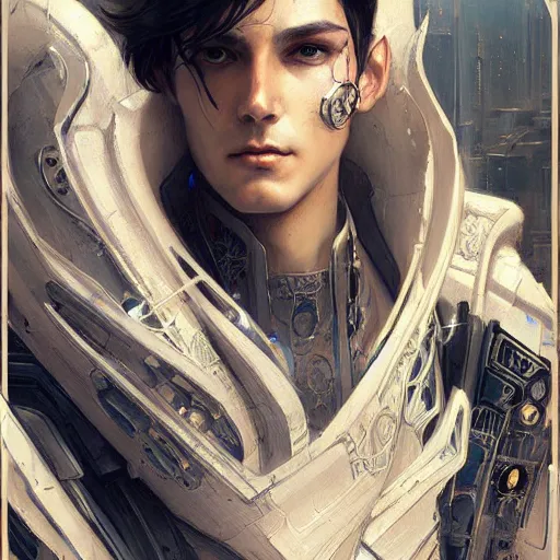 Prompt: beautiful ethereal cyberpunk man, art nouveau, fantasy, intricate binary and electronic designs, elegant, highly detailed, sharp focus, art by artgerm and greg rutkowski and wlop