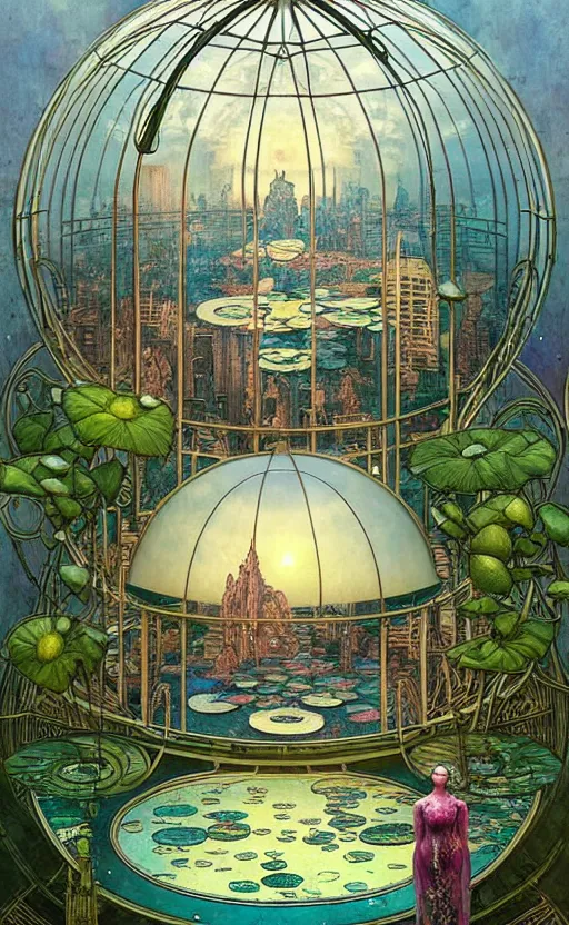 Prompt: art nouveau architecture metropolis with glass dome, full of light, minature landscape inside, full of plants and a pond with water lilies by chiara bautista, beksinski and norman rockwell and greg rutkowski weta studio, and lucasfilm