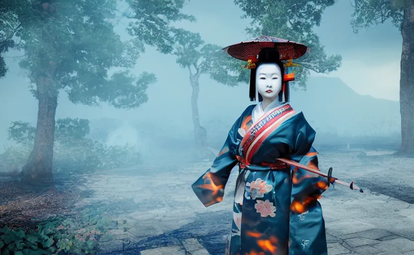 Image similar to highly detailed 3 d render of native japanese masked geisha with sword standing in burning japanese courtyard from sengoku period, fire, surrounded by dense rock formations, blue night, cinematic lighting, photobash, raytracing, high contrast