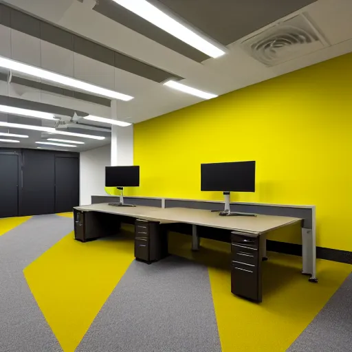 Prompt: a photograph of an emty office with mono yellow walls,brown moist carpet and fluorescent lights,creepy,eerie,4k,real photo,natural lights,mysterious,professional photography,nostalgic,old