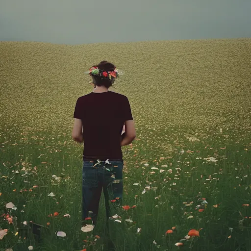 Image similar to kodak portra 4 0 0 photograph of a skinny guy standing in field of flowers, flower crown, back view, moody lighting, moody vibe, telephoto, 9 0 s vibe, blurry background, vaporwave colors, faded!,