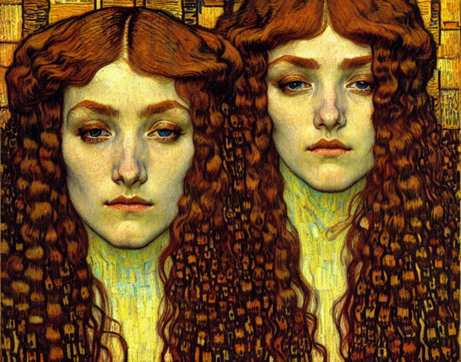 Image similar to detailed realistic beautiful young medieval queen face portrait by jean delville, gustav klimt and vincent van gogh, art nouveau, symbolist, visionary, gothic, pre - raphaelite, muted earthy colors, desaturated