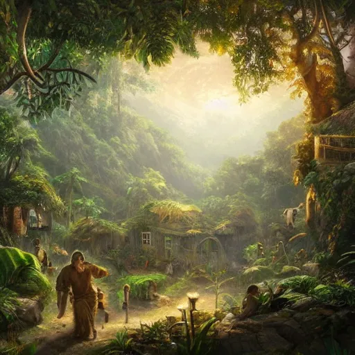 Prompt: the village in a bright jungle, dramatic lighting, oil painting, pale colors, high detail, 8 k, wide angle, trending on artstation,