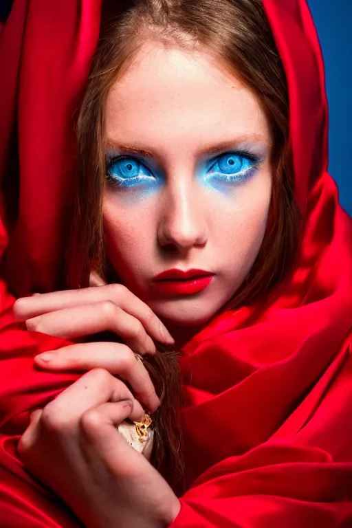 Image similar to a girl with cold blue eyes, standing in a dark room under the bright lighting of cold lamps, in bright red silk clothes golden ratio, by james jean, medium close - up, perfect composition, dramatic, medium close - up ( mcu ), cannon ef 6 5 mm f / 2. 8