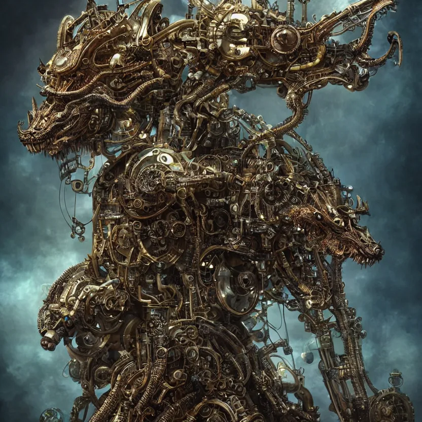 Image similar to hyper realistic mixed midea portrait of a beautiful mechanical steampunk dragon, stunning 3d render inspired art by P. Craig Russell and Barry Windsor-Smith + perfect facial symmetry + dim volumetric lighting, 8k octane beautifully detailed render, post-processing, extremely hyperdetailed, intricate futuristic mechanic parts, epic composition, grim yet sparkling atmosphere, cinematic lighting + masterpiece, trending on artstation,