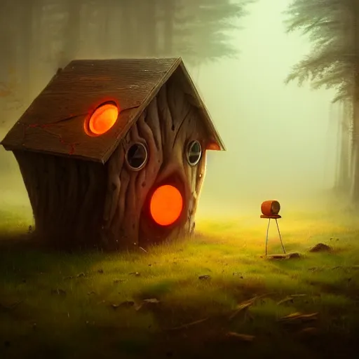 Image similar to a walking wood house with two mechanical legs and two glowing eyes and a mouth, rust, hyperrealistic, pareidolia, highly detailed, cinematic, single ray of sun, fog, beautiful, cgssociety, artstation, 8 k, oil painting