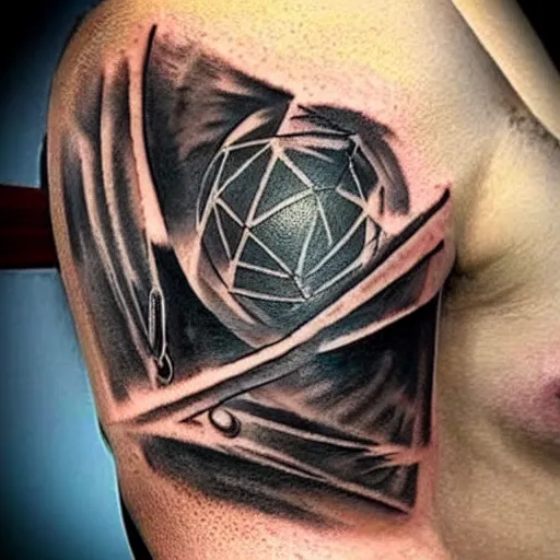 Image similar to a small black tattoo on the arm based on quantum physics, whole tattoo, realistic, very detailed