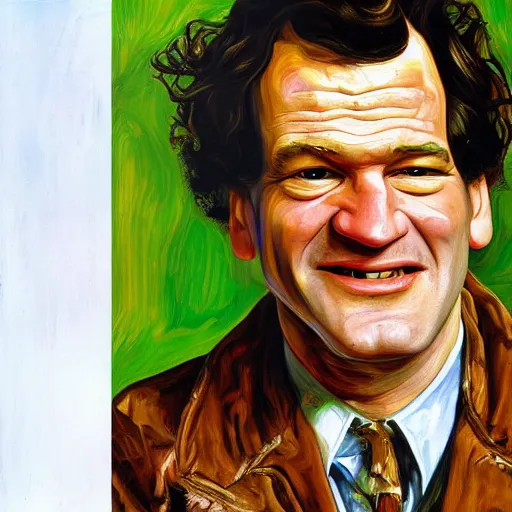 Image similar to high quality high detail painting by lucian freud, hd, portrait of smiling tarantino