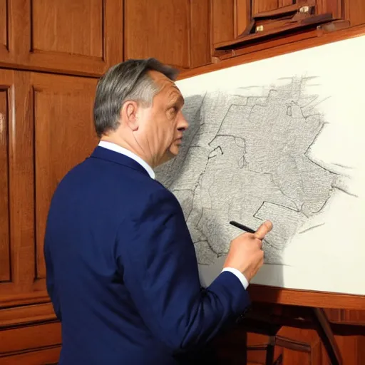 Prompt: viktor orban drawing a map, oil painting