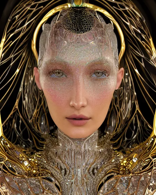 Image similar to a highly detailed metahuman 4 k close up render of an alien goddess bella hadid as alien in iris van herpen dress schiaparelli in diamonds crystals swarovski and jewelry in style of alphonse mucha gustav klimt trending on artstation made in unreal engine 4