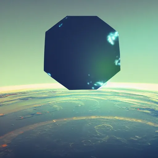 Image similar to hexagon floating above planet earth in front of the sun, trending on art station, retro futurism, photo realistic, perspective