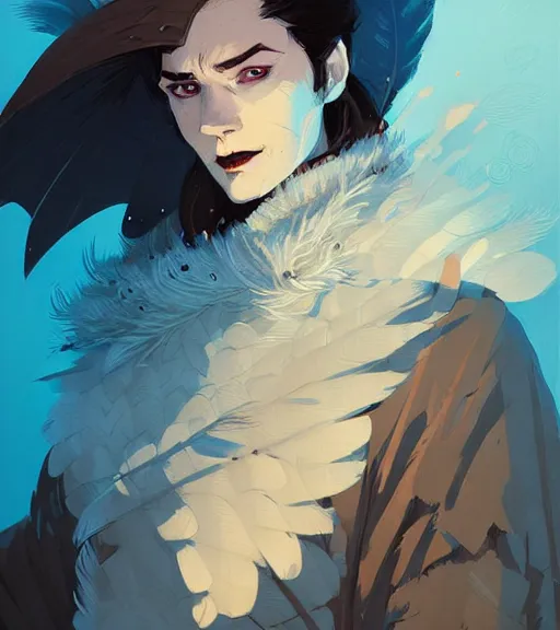 Image similar to portrait of mage with coat made of feathers, dnd character, by atey ghailan, by greg rutkowski, by greg tocchini, by james gilleard, by joe fenton, by kaethe butcher, dynamic lighting, gradient light blue, brown, blonde cream and white color scheme, grunge aesthetic